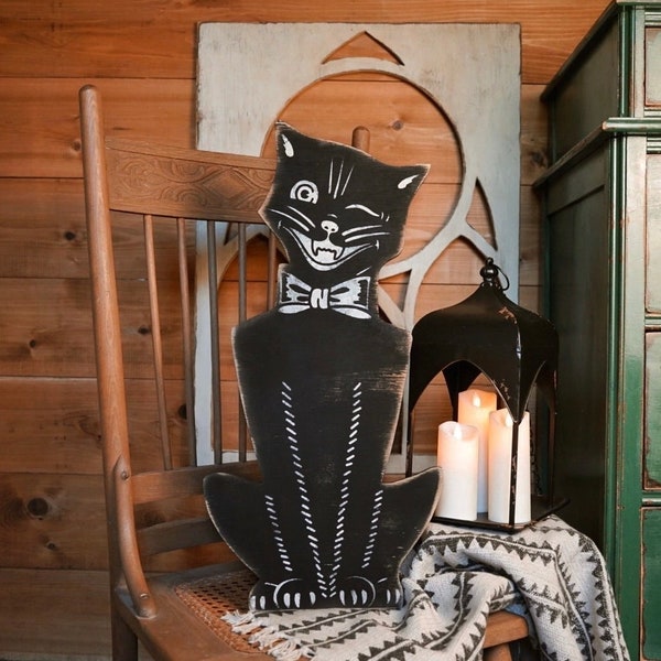 Chat noir amical, décoration rustique, décor rustique d’Halloween, Halloween vintage, enseignes rétro d’Halloween,
