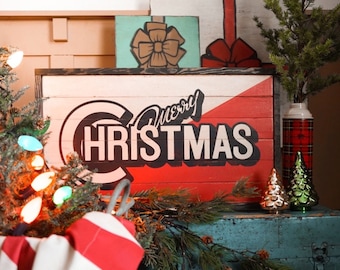 Plaque rétro joyeux Noël peinte à la main : décoration des Fêtes Mid-Century