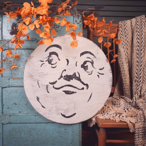 Hand-Painted Man In The Moon Sign: Rustic Halloween Decor