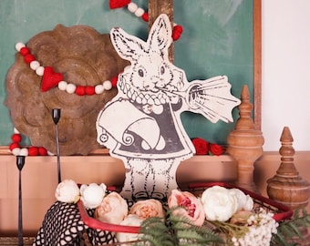 Hand-Painted White Rabbit Vintage Cutout: Retro Valentine's Decor