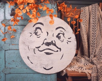 Vintage Man In The Moon, Rustic Home Decor, Retro Moon, Vintage Moon, Vintage Halloween, Retro Halloween Signs, Fall Decor, Vintage Signs