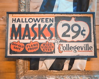 Vintage Halloween Mask Sign, Rustic Home Decor, Rustic Halloween Decor, Vintage Halloween, Retro Halloween Signs, Fall Decor, Vintage Signs