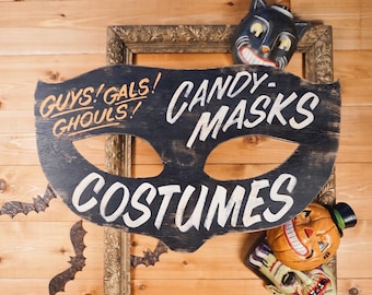 Hand-Painted Halloween Masks & Costumes Wood Sign: Rustic Vintage Decor