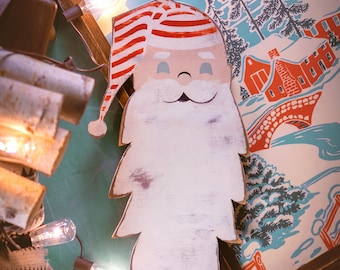 Découpe de père Noël rustique : décoration de Noël en bois peinte à la main