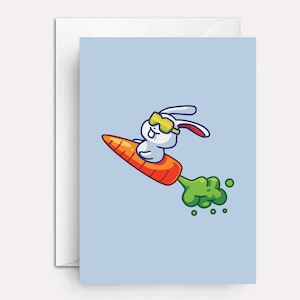 May include: A white rabbit wearing yellow sunglasses is riding a carrot rocket with green smoke coming out of the back.