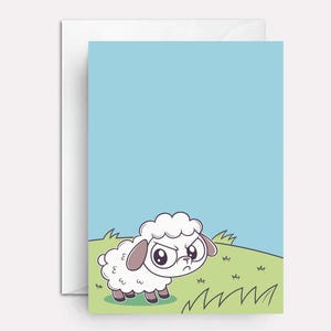 May include: A cartoon illustration of a white sheep with a grumpy expression standing in a field of green grass. The sheep has a light blue background.