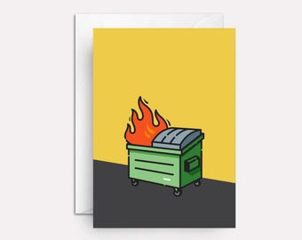 May include: A green dumpster with a black lid is on fire with orange flames. The dumpster is on a black and yellow background.