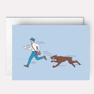 May include: A blue-clad mail carrier runs with a white envelope in hand, being chased by a brown dog with a red collar. The scene is depicted in a cartoon style on a light blue background.