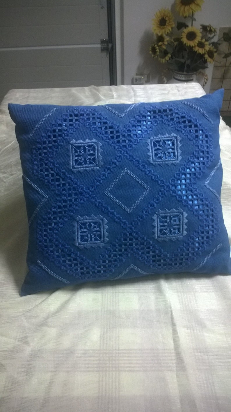 Blue embroidered pillow image 1