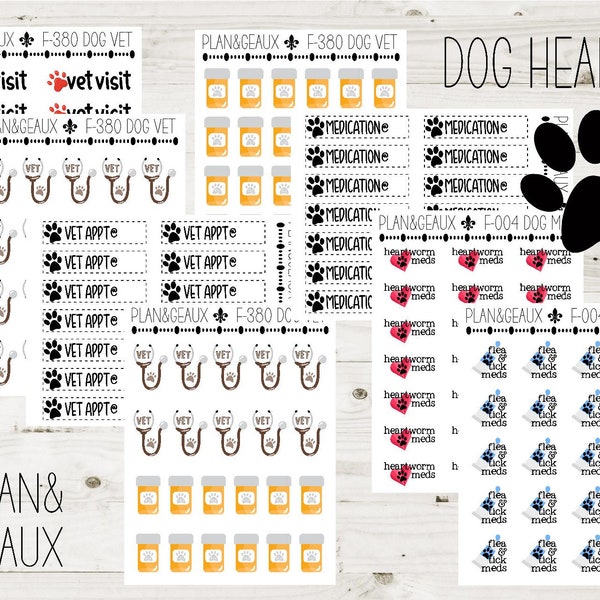 Pet Medical Care Planner Stickers, Heartworm Meds, Vet Visit, Dog Meds, Dog Vet Care MINI Sheets FUN-380