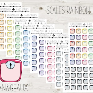 May include: A set of 7 sheets of rainbow colored scale stickers with the text "PLAN&GEAUX F-765 SCALES" and a fleur-de-lis symbol. The title "SCALES-RAINBOW" is at the top of the image.