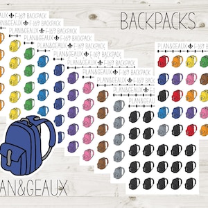 May include: A sheet of colorful stickers featuring various backpack designs. The stickers are arranged in rows and columns, with each backpack design in a different color. The stickers are labeled "PLAN&GEAUX F-169 BACKPACK" and "BACKPACKS".