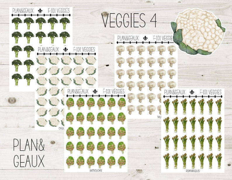 Vegetables Planner Sticker, Broccoli, Cauliflower, Artichoke, Mushrooms, Asparagus Stickers, Veggie Stickers, Farming Stickers, FUN-101 image 1