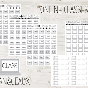 May include: A set of printable planner stickers for online classes. The stickers feature a laptop icon and the text "CLASS" or "EXAM". The stickers are designed to help students organize their online classes and exams.