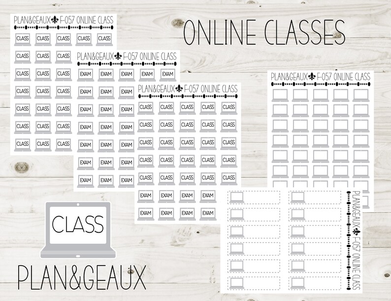 May include: A set of printable planner stickers for online classes. The stickers feature a laptop icon and the text "CLASS" or "EXAM". The stickers are designed to help students organize their online classes and exams.