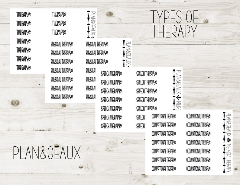 May include: A set of printable planner stickers with the text "PLAN & GEAUX" and various types of therapy, including "Therapy", "Physical Therapy", "Speech Therapy", and "Occupational Therapy".