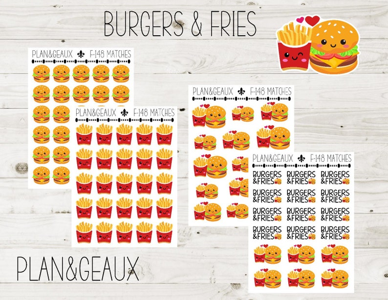 Burgers & Fries Planner Stickers, Burger Stickers, Fast Food Sticker, Happy Planner Stickers, Bullet Journal, Bujo Stickers, FUN-148 image 1