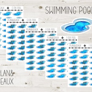 May include: A sheet of stickers featuring a swimming pool design. The stickers are white with blue and gray accents. The text "PLAN&GEAUX F-158 POOL" is repeated on the sheet.