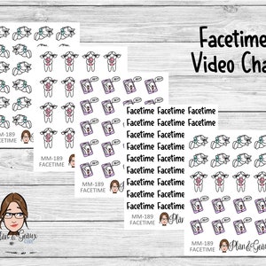 May include: Sheets of stickers with various designs related to video calls. The stickers include images of people on phones, speech bubbles with "hey," and cartoon faces. The text "Facetime Video Chat" is also present.