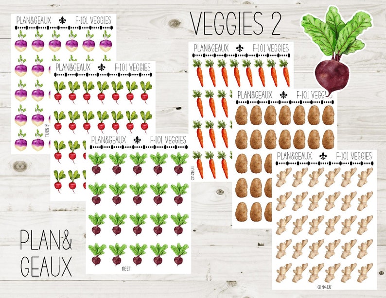 Vegetables Planner Sticker, Turnips, Beets, Radish, Carrot, Potatoes, Ginger Stickers, Veggie Stickers, Farming Stickers, FUN-101 image 1