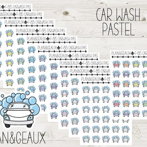 May include: Sheets of pastel car wash stickers. Each sticker features a car with soap bubbles. The text "CAR WASH PASTEL" is at the top. The brand name "PLAN&GEAUX" is at the bottom. The stickers are in various colors.