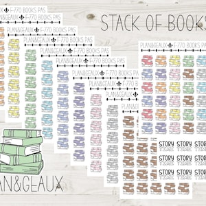 May include: A sheet of stickers featuring illustrations of stacks of books in various pastel colors. The stickers are labeled "PLAN&GEAUX F-770 BOOKS PAS". There is also a larger sticker of a stack of books with the text "PLAN&GEAUX" below it.