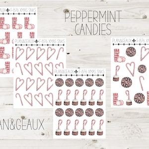 May include: A set of Christmas themed stickers featuring peppermint candies, candy canes, and stockings. The stickers are white with red and white candy cane designs. The text "PLAN&GEAUX F-876 XMAS SNKS" and "PEPPERMINT CANDIES" is printed on the stickers.