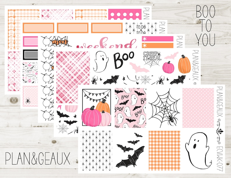 May include: A set of pink and black Halloween planner stickers with various designs including ghosts, pumpkins, bats, spiders, and the text "Boo to You".