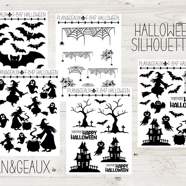 Halloween Stickers, Silhouette Stickers, Black White Stickers, Planner Stickers, FUN-847