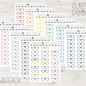 May include: A sheet of colorful glasses stickers with the text "PLAN&GEAUX F-835 GLASSES RB" and "GLASSES RAINBOW". The stickers are in a rainbow of colors, including red, orange, yellow, green, blue, indigo, and violet.
