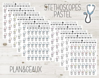 May include: A sheet of pastel colored stickers featuring a stethoscope design. The stickers are labeled "PLAN&GEAUX F-824 STETH PAS" and "STETHOSCOPES PASTEL".