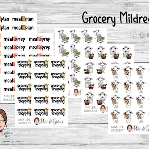 Moody Mildred Grocery Shopping Planner Stickers, Meal Plan Sticker, MINI Sheets, Character Planner Stickers, Personal Planner, MM 191