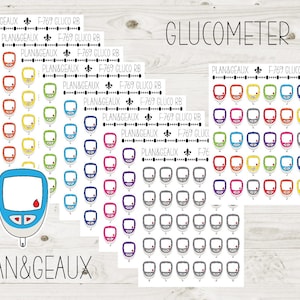 May include: A sheet of colorful stickers featuring a blood glucose meter design. The stickers are arranged in rows and columns, with each sticker featuring a different color. The stickers are labeled with the text "PLAN&GEAUX" and "F-769 GLUCO RB".
