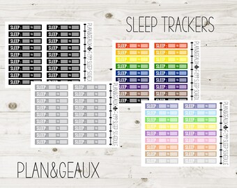 May include: A set of colorful sleep tracker stickers with the text "SLEEP: TO" and "PLAN&GEAUX F-199 SLEEP SCHEDULE".