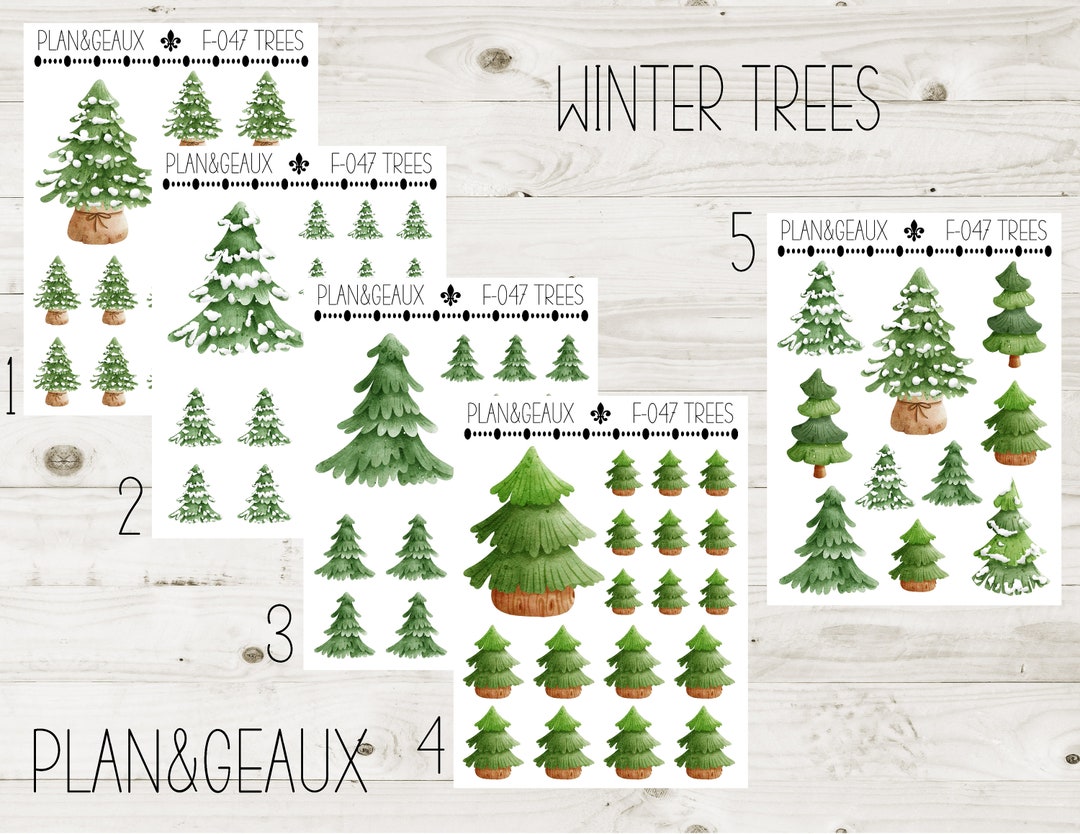 Winter Trees Planner Sticker, Snowy Trees Stickers, Evergreen Trees ...