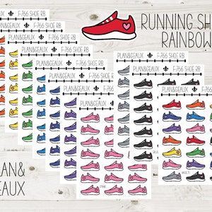May include: A set of colorful running shoe stickers with a heart design. The stickers are arranged in a rainbow pattern and feature the text "PLAN&GEAUX" and "F-766 SHOE RB".