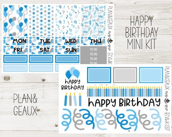 Happy Birthday MINI Weekly Kit Planner Stickers, Birthday Mini Kit Weekly Stickers, Erin Condren Vertical, ECV-WK 137 Blue
