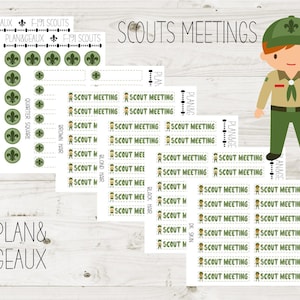 May include: Printable stickers for a scout meeting planner. The stickers feature a scout in uniform, a tent, and the words "Scout Meeting".