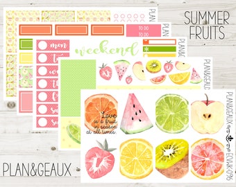 May include: A set of printable planner stickers featuring watercolor illustrations of summer fruits, including watermelon, kiwi, lemon, lime, apple, grapefruit, and strawberry. The stickers are designed for use in planners and journals. The text "Love is a fruit in season at all times." is included on one of the stickers.