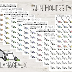 May include: A sheet of colorful lawn mower stickers with the text "PLAN&GEAUX F-825 MOWERS" and "LAWN MOWERS PAS".