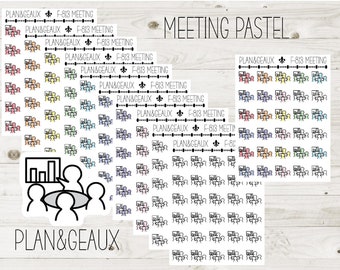 May include: A set of pastel colored planner stickers featuring a meeting icon with a group of people around a table. The stickers are labeled "PLAN&GEAUX F-813 MEETING" and "MEETING PASTEL".