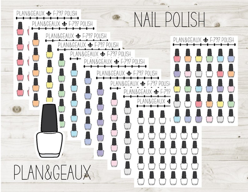 May include: A sheet of nail polish stickers with a variety of colors, including pink, blue, yellow, green, and gray. The stickers are labeled "PLAN&GEAUX F-797 POLISH".