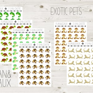 May include: A sheet of stickers featuring various exotic pets, including a chameleon, turtle, snake, spider, and lizard. The stickers are white with colorful illustrations of the animals. The text "PLAN&GEAUX F-046 EXOTIC" appears on each sheet.