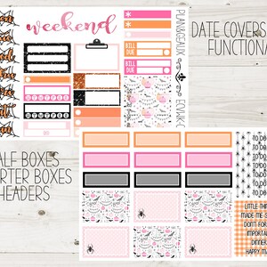 May include: A set of Halloween-themed planner stickers featuring a spiderweb design, a calendar, and various boxes and headers. The stickers are in pink, orange, black, and white.