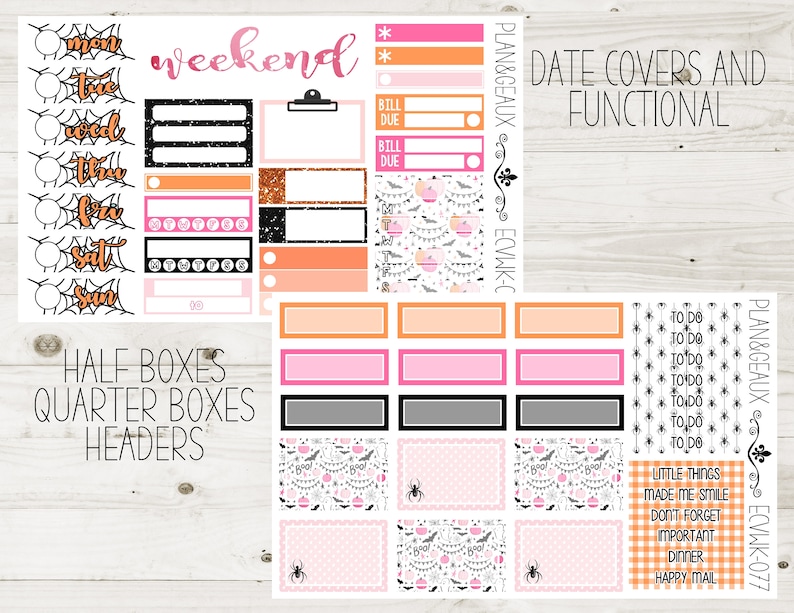 May include: A set of Halloween-themed planner stickers featuring a spiderweb design, a calendar, and various boxes and headers. The stickers are in pink, orange, black, and white.