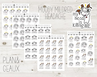 Moody Mildred Headache, Migraine Headache Planner Stickers, Headache Stickers, Bullet Journal, Character Planner Stickers,  MM-010