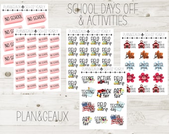 School Breaks, No School Stickers, Yearly Activities Planner Stickers, Field Trip Stickers, School Planner Stickers, Teacher, School 002