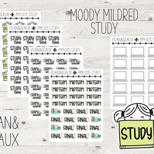 May include: A set of colorful planner stickers with various designs, including a laptop, a girl with a book, and text that says "Study", "Midterm", "Final", "Study Time", "Cram Session", and "Plan & Geaux".