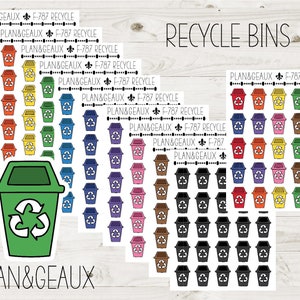 May include: A set of colorful recycling bin stickers with the text "PLAN&GEAUX F-787 RECYCLE" and a green recycling bin with a recycle symbol.
