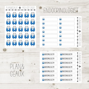 May include: A sheet of printable planner stickers with a blue thyroid gland icon and the text "ENDOCRINOLOGIST". The stickers are labeled "PLAN&GEAUX MED-022 ENDO".